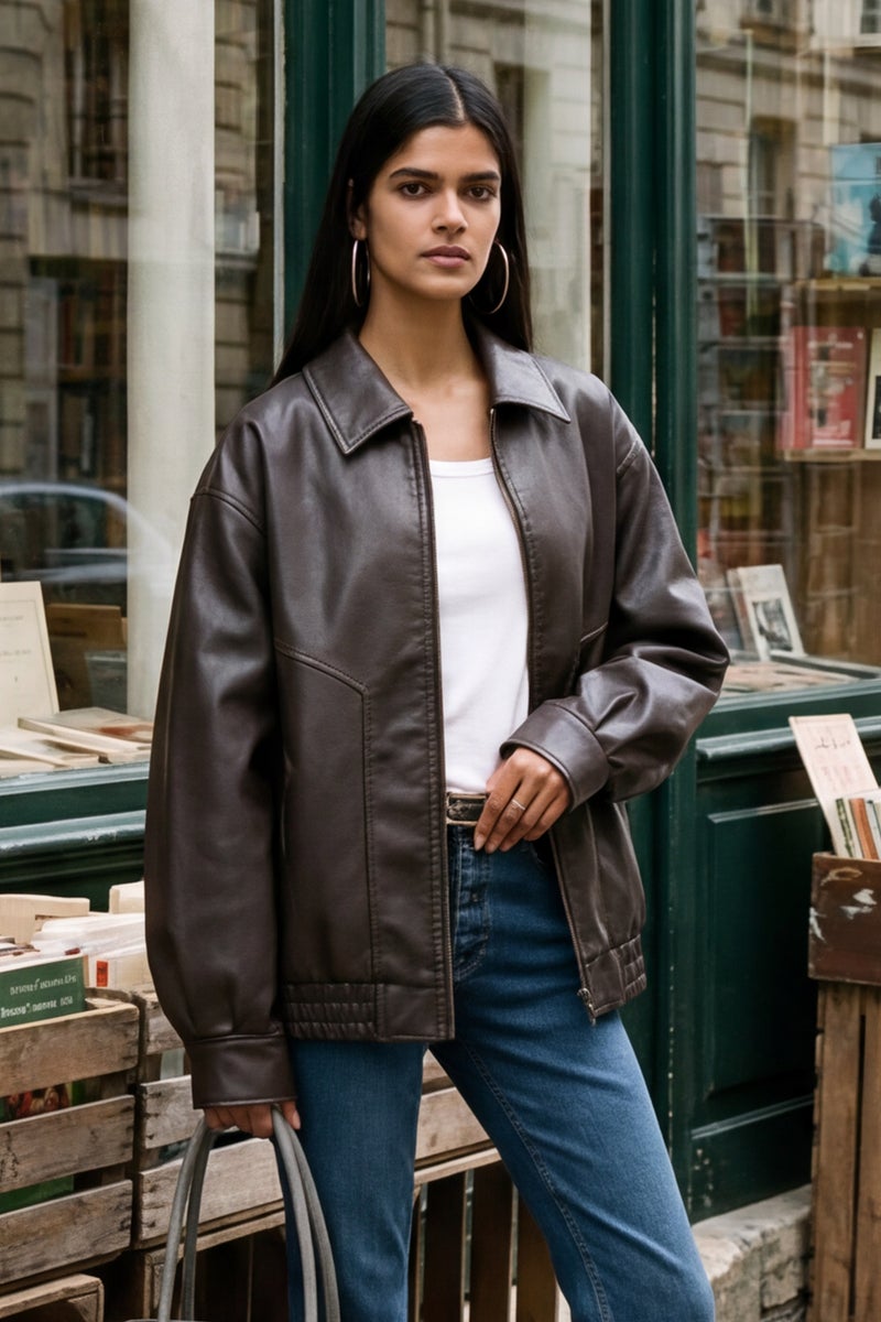 DeFacto Brown Woman Dad Fit Faux Leather Jacket Casual - Image 1